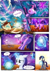 Size: 3500x4950 | Tagged: safe, artist:light262, artist:lummh, derpibooru import, rainbow dash, rarity, twilight sparkle, twilight sparkle (alicorn), oc, oc:princess tempora, alicorn, pegasus, pony, unicorn, comic:timey wimey, absurd resolution, alicorn oc, comic, female, glowing eyes, glowing horn, magic, mare, patreon, patreon logo, plot, possessed, princess temporarity