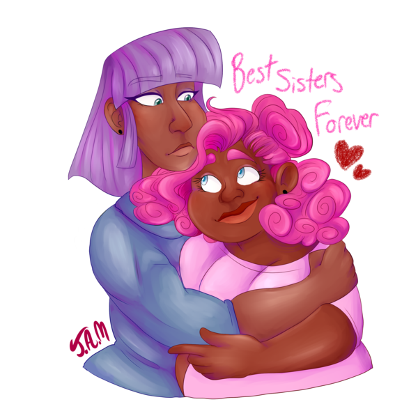 Size: 2500x2500 | Tagged: artist:ihasjessie-kat, chubby, clothes, dark skin, derpibooru import, duo, hug, human, humanized, maud pie, pinkie pie, safe, simple background, sisters, smiling, transparent background