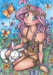 Size: 848x1200 | Tagged: angel bunny, artist:holy-yume, blushing, butterfly, clothes, derpibooru import, floral head wreath, flower, fluttershy, hippieshy, human, humanized, light skin, meadow, off shoulder, safe, shorts, sitting, tanktop, traditional art