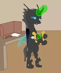 Size: 2500x2989 | Tagged: safe, artist:glacierfrostclaw, derpibooru import, oc, oc:tinny voice, unofficial characters only, changeling, bipedal, dice, dungeons and dragons, female, jewelry, lidded eyes, lyre, magic, mare, musical instrument, pendant, smiling, solo, standing up, table