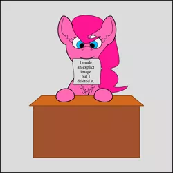 Size: 1024x1024 | Tagged: suggestive, artist:planetkiller, derpibooru import, pinkie pie, earth pony, pony, desk, simple background, solo, text