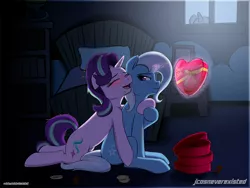 Size: 800x600 | Tagged: safe, artist:jcosneverexisted, derpibooru import, starlight glimmer, trixie, pony, unicorn, bed, bedroom, blushing, box of chocolates, dishevelled, drunk, drunklight glimmer, female, heart, lesbian, looking back, mare, night, shipping, smiling, startrix