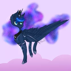 Size: 3850x3850 | Tagged: safe, artist:zombiecupcake101, derpibooru import, princess luna, alicorn, pony, crown, female, jewelry, large wings, mare, regalia, signature, smiling, solo, wings