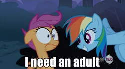 Size: 765x425 | Tagged: suggestive, derpibooru import, edit, edited screencap, screencap, rainbow dash, scootaloo, pegasus, pony, sleepless in ponyville, faic, gulp, hub logo, i need an adult, image macro, meme, scared, the hub