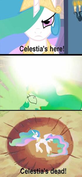 Size: 680x1459 | Tagged: safe, derpibooru import, edit, edited screencap, screencap, princess celestia, alicorn, pony, a canterlot wedding, comic, dragon ball z, dragonball z abridged, female, mare, screencap comic, team four star, uselesstia, yamcha's death pose