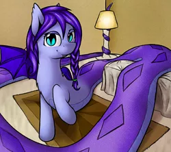 Size: 4320x3840 | Tagged: safe, artist:ampderg, derpibooru import, oc, oc:amplitude, unofficial characters only, bat pony, lamia, original species, absurd resolution, bed, bedroom, braid, cute, female, impossibly long tail, lamp, long tail, perspective, rug, slit eyes, solo