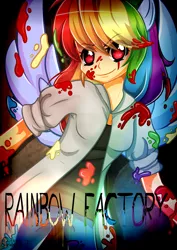 Size: 2480x3507 | Tagged: artist:wolfchen999, breasts, clothes, derpibooru import, fanfic:rainbow factory, female, grimdark, human, humanized, lab coat, looking at you, paint, pants, rainbow dash, red eyes, smiling, solo, winged humanization, wings