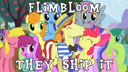 Size: 1088x612 | Tagged: safe, derpibooru import, edit, edited screencap, screencap, amethyst star, apple bloom, berry punch, berryshine, carrot top, cherry berry, cloud showers, daisy, flim, flower wishes, golden harvest, meadow song, minuette, sassaflash, sea swirl, seafoam, spring melody, sprinkle medley, pony, season 2, the super speedy cider squeezy 6000, flimbloom, image macro, kissing, meme, shipping, text, unbrella drops