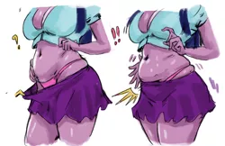 Size: 2100x1359 | Tagged: suggestive, artist:bimbo sparkles, derpibooru import, twilight sparkle, equestria girls, belly button, big breasts, bimbo, bimbo sparkle, breasts, busty twilight sparkle, chubby, clothes, exclamation point, female, fupa, midriff, panties, pink underwear, plump, question mark, short shirt, simple background, skirt, skirt pull, solo, solo female, thighlight sparkle, thong, thunder thighs, twilard sparkle, underwear, white background