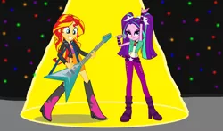 Size: 1500x882 | Tagged: safe, artist:ktd1993, derpibooru import, aria blaze, sunset shimmer, equestria girls, bracelet, clothes, electric guitar, female, flying v, guitar, jacket, leather jacket, lesbian, microphone, shipping, stage, sunblaze, sunset shredder