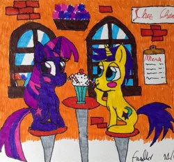Size: 927x862 | Tagged: safe, artist:frollo7797, derpibooru import, comet tail, twilight sparkle, cometlight, drawing, female, male, shipping, straight, traditional art