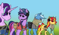 Size: 1003x596 | Tagged: safe, artist:phobicalbino, derpibooru import, starlight glimmer, sunset shimmer, trixie, twilight sparkle, twilight sparkle (alicorn), alicorn, pony, unicorn, bandana, belt, clothes, counterparts, crossover, female, ghost recon, ghost recon wildlands, goggles, hat, headphones, headset, magical quartet, pouch, twilight's counterparts, ubisoft, walkie talkie