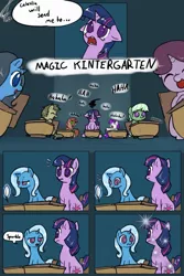 Size: 682x1023 | Tagged: safe, artist:valcron, derpibooru import, edit, trixie, twilight sparkle, pony, unicorn, lesson zero, classroom, comic, cutie mark, daydream, desk, dialogue, dream, eye contact, eyes closed, female, filly, floppy ears, glare, laughing, literal, looking at each other, magic kindergarten, open mouth, pun, scene interpretation, sitting, sparkles, speech bubble, surprised, teary eyes