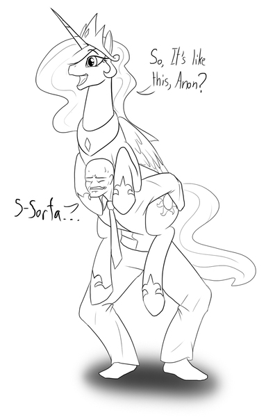 Size: 894x1399 | Tagged: safe, artist:mistermech, derpibooru import, princess celestia, oc, oc:anon, alicorn, human, pony, clothes, crown, dialogue, horseshoes, jewelry, monochrome, necktie, open mouth, peytral, piggyback ride, ponies riding humans, regalia, riding, shirt, smiling, socks, struggling, sweat