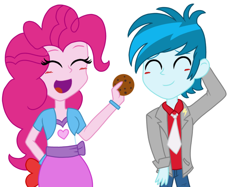 Size: 3715x3044 | Tagged: safe, artist:mlprocker123, derpibooru import, pinkie pie, thunderbass, equestria girls, blushing, clothes, cookie, eyes closed, female, food, male, necktie, open mouth, pinkiebass, shipping, simple background, smiling, straight, transparent background