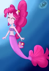 Size: 1000x1450 | Tagged: safe, artist:liniitadash23, derpibooru import, pinkie pie, mermaid, equestria girls, my little pony: the movie, alternate hairstyle, bandeau, belly button, clothes, cute, diapinkes, eyes closed, fins, mermaid tail, mermaidized, midriff, ponied up, pony ears, seapony pinkie pie, smiling, solo, underwater