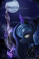 Size: 3960x5940 | Tagged: safe, artist:cattle32, derpibooru import, princess luna, alicorn, butterfly, pony, absurd resolution, bust, crying, magic, moon, night, solo, stars, sword, telekinesis, warrior luna, weapon