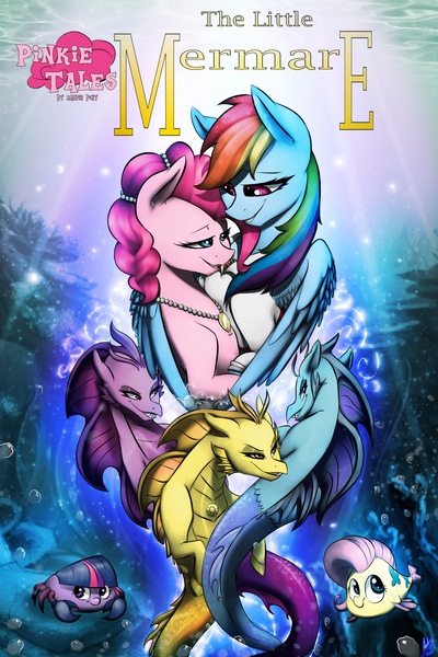 Size: 4389x6584 | Tagged: safe, artist:xxmarkingxx, derpibooru import, adagio dazzle, aria blaze, fluttershy, pinkie pie, rainbow dash, sonata dusk, twilight sparkle, twilight sparkle (alicorn), alicorn, crab, fish, merpony, seapony (g4), siren, absurd resolution, ariel, clothes, fairy tale, female, flounder, floundershy, flutterfish, hug, jewelry, lesbian, necklace, partiel, pinkie tales, pinkiedash, poster, prince eric, shipping, species swap, the dazzlings, the little mermaid, the little mermare, underwater, winghug