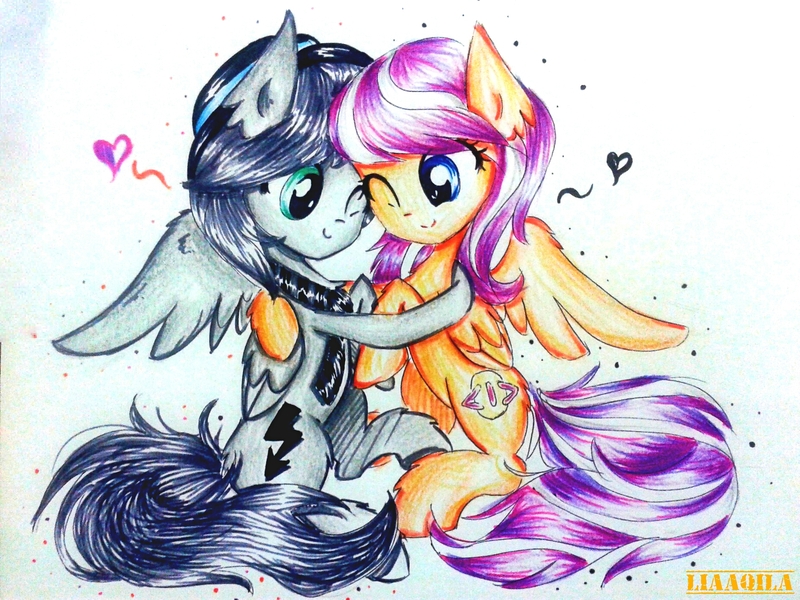 Size: 1854x1390 | Tagged: safe, artist:liaaqila, derpibooru import, oc, oc:digidrop, oc:grayhoof, unofficial characters only, pegasus, pony, cute, digihoof, duo, female, hat, heart, hug, male, mare, simple background, snuggling, stallion, trilby