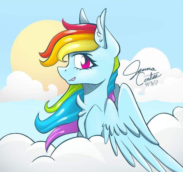 Size: 830x780 | Tagged: safe, artist:theoneeyedbiclops, derpibooru import, rainbow dash, bust, cloud, looking at you, looking sideways, open mouth, portrait, solo, spread wings, sun, wings