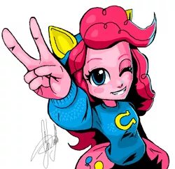 Size: 1024x990 | Tagged: safe, artist:dasha1blaze, derpibooru import, pinkie pie, equestria girls, balloon, clothes, cute, diapinkes, one eye closed, peace sign, simple background, skirt, smiling, solo, sweater, white background, wink, wondercolts, wondercolts uniform