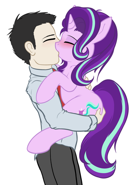 Size: 1600x2168 | Tagged: suggestive, artist:duop-qoub, derpibooru import, starlight glimmer, human, pony, unicorn, blushing, chest fluff, eyes closed, female, hand on butt, holding a pony, human male, human male on mare, human on pony action, interspecies, kissing, male, mare, simple background, straight, white background