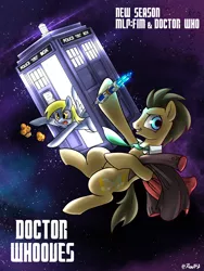 Size: 2100x2800 | Tagged: safe, artist:renokim, derpibooru import, derpy hooves, doctor whooves, time turner, pony, season 7, clothes, coat, crossover, doctor who, food, high res, muffin, sonic screwdriver, space, tardis