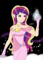 Size: 1600x2263 | Tagged: artist:mdeltar, clothes, derpibooru import, dress, elf ears, gloves, human, humanized, magic, princess cadance, ring, safe, snow, solo, wedding ring