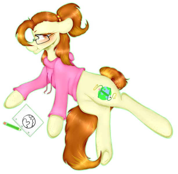 Size: 1024x1002 | Tagged: safe, artist:alliedrawsart, derpibooru import, oc, oc:historic shine, unofficial characters only, earth pony, pony, blushing, clothes, female, glasses, hoodie, mare, simple background, solo, transparent background