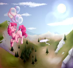 Size: 5000x4623 | Tagged: safe, artist:vavaig69, derpibooru import, pinkie pie, earth pony, pony, absurd resolution, balloon, female, floating, flying, head turn, looking away, looking up, mare, mountain, open mouth, sky, solo, sun, then watch her balloons lift her up to the sky