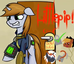 Size: 2066x1771 | Tagged: safe, artist:ruiont, derpibooru import, oc, oc:calamity, oc:littlepip, oc:velvet remedy, unofficial characters only, pegasus, pony, unicorn, fallout equestria, fanfic, clothes, cutie mark, door, fanfic art, female, floppy ears, gritted teeth, hat, hooves, horn, male, mare, open mouth, pipbuck, smiling, stallion, teeth, vault suit, velamity