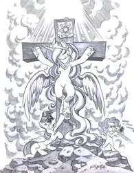 Size: 600x770 | Tagged: semi-grimdark, artist:polo-jasso, derpibooru import, pinkie pie, princess celestia, twilight sparkle, twilight sparkle (alicorn), alicorn, pony, armpits, crucifixion, execution, jesus christ, messiah, monochrome, religion, trombone, we are going to hell