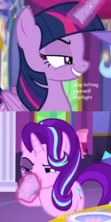 Size: 600x1200 | Tagged: semi-grimdark, derpibooru import, edit, edited screencap, screencap, starlight glimmer, trixie, twilight sparkle, twilight sparkle (alicorn), alicorn, pony, no second prances, abuse, abuse edit, black eye, blood, bruised, bully, bullying, glimmerbuse, glimmerposting, magic, nosebleed, telekinesis, this will end in school shooting, twibitch sparkle