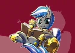 Size: 3507x2480 | Tagged: safe, artist:light262, derpibooru import, oc, oc:cloud zapper, unofficial characters only, pegasus, pony, armor, book, commission, eating, food, male, muffin, reading, royal guard, solo, stallion