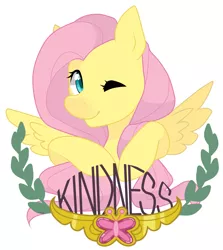 Size: 1920x2153 | Tagged: artist:ponipoke, bust, derpibooru import, element of kindness, fluttershy, looking at you, looking sideways, one eye closed, portrait, safe, simple background, smiling, solo, spread wings, white background, wings, wink