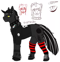 Size: 576x593 | Tagged: anonymous artist, beanie, clothes, collar, derpibooru import, ear piercing, earring, eyebrow piercing, fangs, hat, jacket, jewelry, leather jacket, lip piercing, oc, oc:nightshade eclipse, piercing, reference sheet, safe, skull, socks, solo, spiked collar, striped socks, tattoo, tongue piercing, unofficial characters only, unshorn fetlocks, vampire, vampony