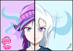 Size: 1024x726 | Tagged: safe, artist:achaoticdotstar, derpibooru import, starlight glimmer, trixie, equestria girls, spoiler:eqg specials, beanie, clothes, cutie mark, female, hat, human coloration, looking at you, my little pony logo, signature, split screen