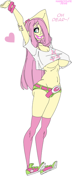 Size: 1451x3557 | Tagged: artist:habbodude, artist:jeiae, belly button, belt, big lips, bimbo, bimboification, bra strap, breasts, busty fluttershy, cleavage, clothes, colored, cutie mark, cutie mark dress, derpibooru import, edit, female, fluttershy, happy, heart, human, humanized, impossibly big lips, lips, lipstick, long hair, looking up, makeup, midriff, pants, shoes, sluttershy, sneakers, socks, solo, solo female, suggestive, text, thigh highs, underboob