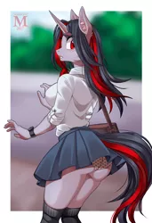 Size: 820x1200 | Tagged: suggestive, artist:margony, derpibooru import, oc, oc:flydry, unofficial characters only, anthro, unicorn, anthro oc, ass, bag, blushing, breasts, clothes, cute, female, looking back, mare, panties, pleated skirt, polka dot underwear, school uniform, sideboob, skirt, skirt lift, socks, solo, solo female, thigh highs, thighs, underwear, upskirt, white underwear