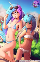 Size: 1025x1568 | Tagged: adorasexy, alicorn, alicorns only, artist:sugarlesspaints, bandeau, belly button, bicolor swimsuit, bikini, blue swimsuit, breasts, clothes, cute, delicious flat chest, derpibooru import, duo, duo female, female, flatchestia, flatuna, frilled swimsuit, horned humanization, human, humanized, midriff, open mouth, princess celestia, princess luna, royal sisters, safe, sandals, scenery, sexy, small breasts, stupid sexy celestia, stupid sexy princess luna, sunglasses, swimsuit, white swimsuit, winged humanization, wings, younger