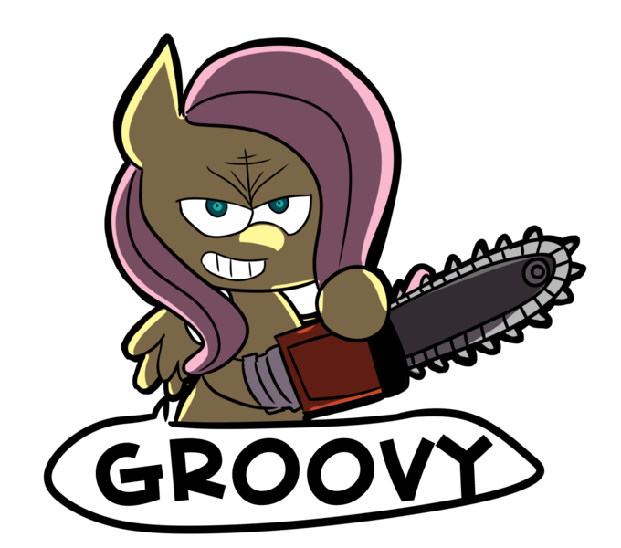 Size: 1200x1059 | Tagged: safe, artist:fauxsquared, derpibooru import, fluttershy, pegasus, pony, army of darkness, badass, chainsaw, evil dead, flutterbadass, grin, smiling, solo, trixie is magic