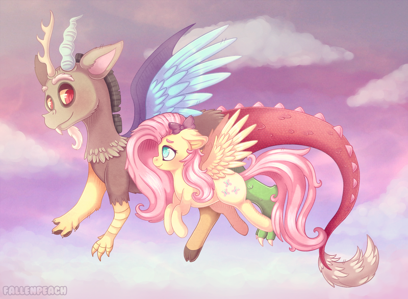 Size: 1280x939 | Tagged: safe, artist:fallenpeach, derpibooru import, discord, fluttershy, draconequus, pegasus, pony, blushing, bow, cute, discoshy, discute, female, flying, hair bow, male, mare, ribbon, shipping, spread wings, straight, wings