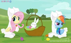 Size: 3204x1958 | Tagged: safe, artist:shutterflyeqd, derpibooru import, angel bunny, fluttershy, rainbow dash, pegasus, pony, animal costume, basket, bunny costume, clothes, costume, cute, cuteness overload, dashabetes, easter, easter egg, female, folded wings, looking at you, mare, prone, scenery, shyabetes, trio, tsunderainbow, tsundere