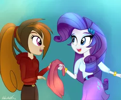 Size: 1200x1000 | Tagged: safe, artist:wubcakeva, derpibooru import, rarity, oc, oc:cupcake slash, equestria girls, bracelet, clothes, cute, duo, female, gradient background, hoodie, jewelry, looking at each other, open mouth, pants, ponytail, skirt, smiling