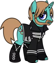 Size: 1156x1331 | Tagged: safe, artist:lightningbolt, derpibooru import, ponified, pony, unicorn, .svg available, angry, bob bryar, boots, clothes, ear piercing, emo, eyeliner, eyeshadow, facial hair, fingerless gloves, gauges, glare, gloves, hair over one eye, horn piercing, jacket, lip piercing, looking at you, makeup, male, my chemical romance, piercing, shirt, simple background, socks, solo, stallion, standing, svg, the black parade, transparent background, undershirt, vector
