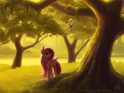 Size: 1920x1440 | Tagged: safe, artist:joellethenose, derpibooru import, fluttershy, bird, pegasus, pony, crepuscular rays, female, folded wings, forest, grass, lake, looking up, mare, scenery, solo, tree, under the tree, water