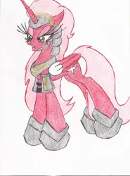 Size: 1624x2200 | Tagged: safe, artist:wyren367, derpibooru import, oc, oc:rossa, unofficial characters only, alicorn, pony, alicorn oc, armor, colored pencil drawing, simple background, traditional art, unamused, white background