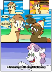 Size: 1171x1602 | Tagged: artist:sneshneeorfa, button mash, comic, crying, derpibooru import, dictionary belle, oc, oc:cream heart, reuploaded with permission, safe, sweetie belle