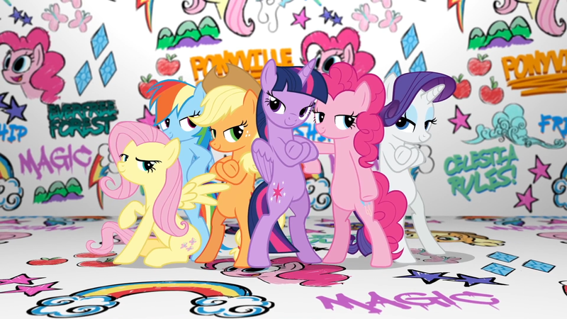 Size: 1920x1080 | Tagged: safe, derpibooru import, official, applejack, fluttershy, pinkie pie, rainbow dash, rarity, twilight sparkle, twilight sparkle (alicorn), alicorn, pony, badass, bipedal, cool, crossed hooves, cute, cutie mark, flutterbadass, fresh princess and friends' poses, fresh princess of friendship, graffiti, hasbro, mane six, parody, pose, spread wings, teaser, the fresh prince of bel-air, wings, youtube link