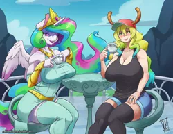 Size: 900x695 | Tagged: anime, anthro, artist:zwitterkitsune, big breasts, breasts, busty princess celestia, cleavage, clothes, crossover, crown, derpibooru import, duo, eyeshadow, female, huge breasts, jewelry, looking at you, lucoa, makeup, miss kobayashi's dragon maid, princess celestia, quetzalcoatl, regalia, sitting, smiling, suggestive